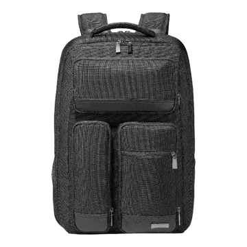 a black backpack with two compartments on the front