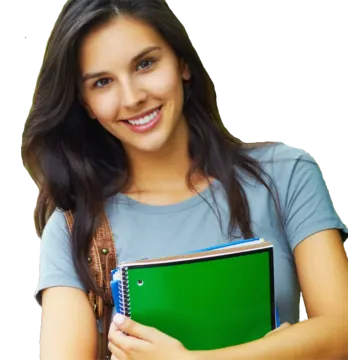 a girl holding a book and smiling at the camera