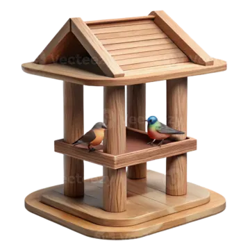 a wooden bird feeder with two birds in it