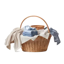 a basket filled with blue and white towels