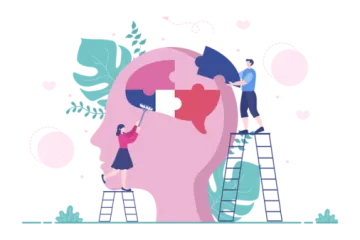 two people are working on a head with puzzle pieces