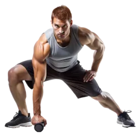 a man in grey shirt and black shorts doing squat
