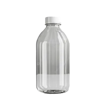a clear glass bottle with a white cap