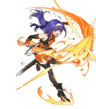 a girl with purple hair and orange hair holding a sword