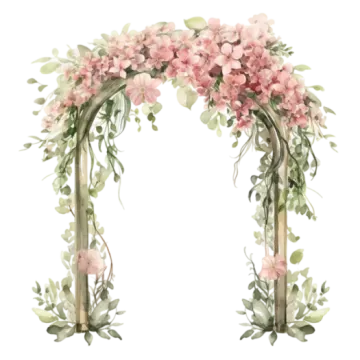 a floral arch with pink flowers and greene