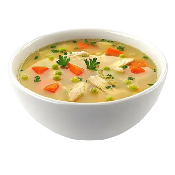 a bowl of chicken soup with carrots and peas