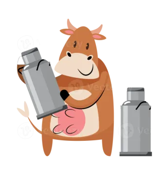 a brown cow holding a can of milk