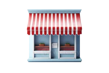 a small store with red and white awnings
