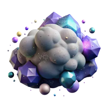 a white cloud with blue and purple spheres