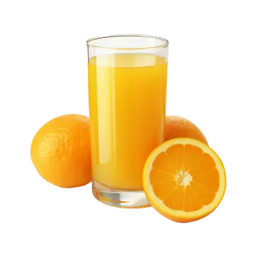 a glass of orange juice next to an orange slice