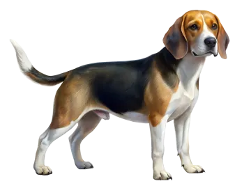 a brown and black dog standing on a white background