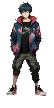 a boy in a black shirt and green pants with a red hoodie