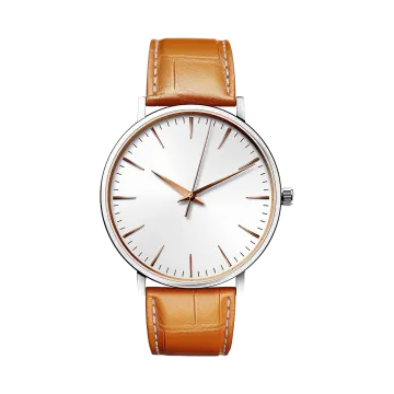 a white watch with brown leather strap