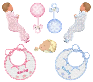 a set of four baby bis with pink and blue designs