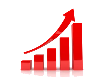 a red bar chart with an arrow pointing upward