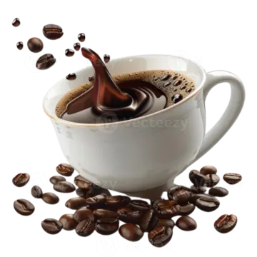 a cup of coffee with coffee beans falling out of it