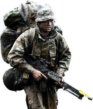 a man with a backpack and a rifle