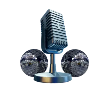 a microphone and two disco balls on a stand