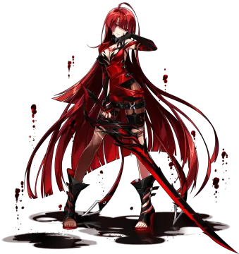 an anime girl with long red hair and a sword in her hand