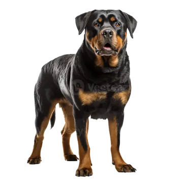 a large black and brown dog standing on a white background