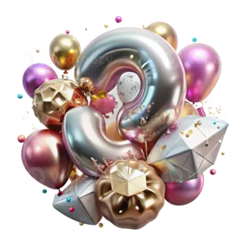a bunch of helium balloons with gold and silver