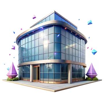 an office building with glass windows and colorful shapes