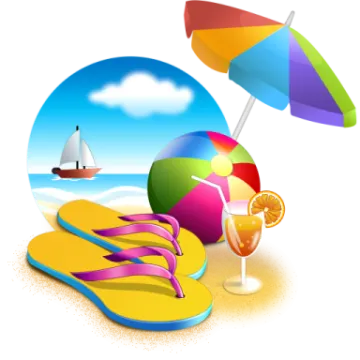 a pair of flip flops and an umbrella on the beach