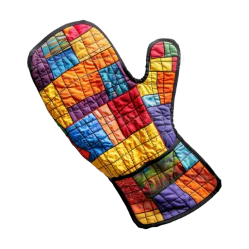 a colorful oven mit on a white background