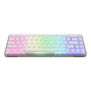 a white keyboard with rainbow keys