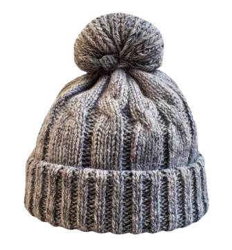 a gray knit hat with a pom on top