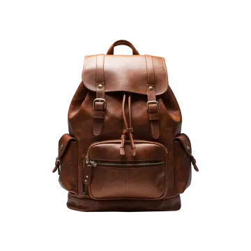 a brown leather backpack on a white background