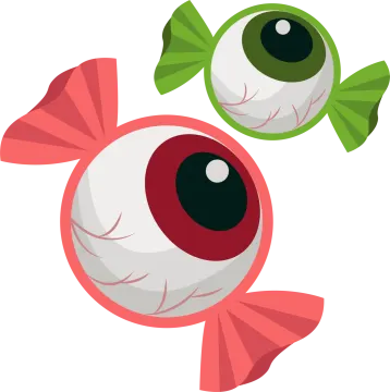 two cartoon eyes with green and red bows