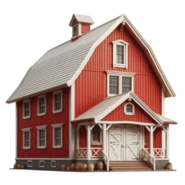 a red barn with a white door and windows