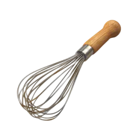 a metal whis with a wooden handle