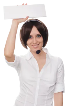 a woman in a white shirt holding up a sign