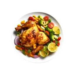 a plate with chicken and vegetables on it
