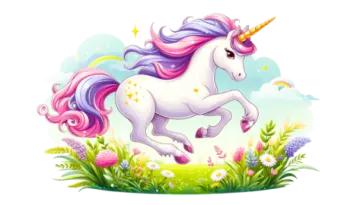 a cartoon unicorn running in the grass