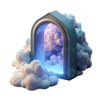 an open door with clouds in the background