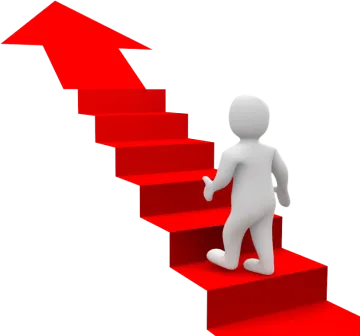 a person walking up the stairs to an arrow