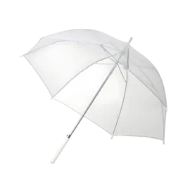 a clear umbrella with a white handle