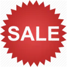 a red sale sign on a white background