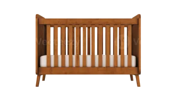 a wooden cribt with white sheets on it