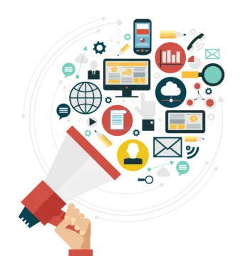 a hand holding a megaphone with icons around it
