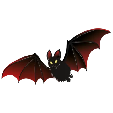 a black and red bat with yellow eyes