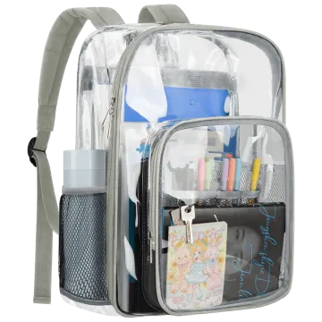 a clear backpack filled with school supplies
