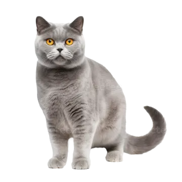 a grey cat with yellow eyes on white background