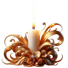 a white candle with gold swirls on it
