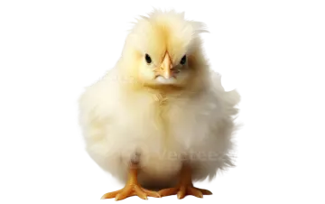 a small white chicken sitting on the ground