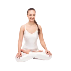 a woman sitting in the middle of a yoga pose