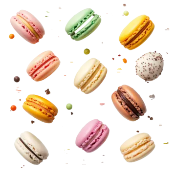 a bunch of colorful macarons on a white background